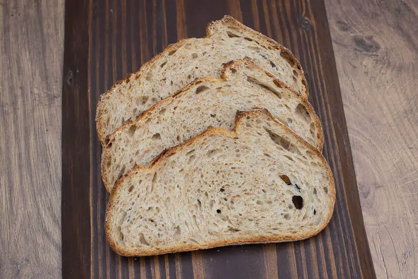 The crumb of the artisan sourdough bread made with this recipe