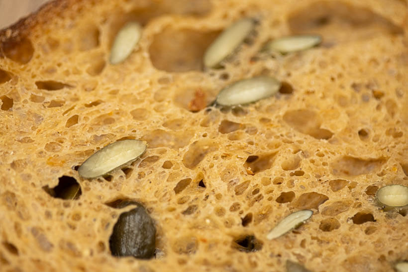 The crumb in the sourdough pumpkin bread in this recipe