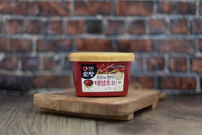 Korean red chili paste, gochujang, on a board