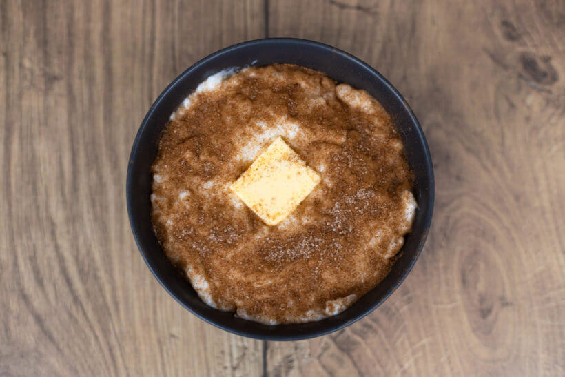 danish rice porridge with cinnamon sugar and butter - risengrød