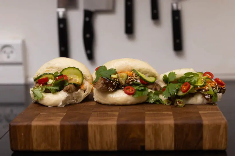 the three different gua bao in this recipe: traditional, sourdough discard and gluten free